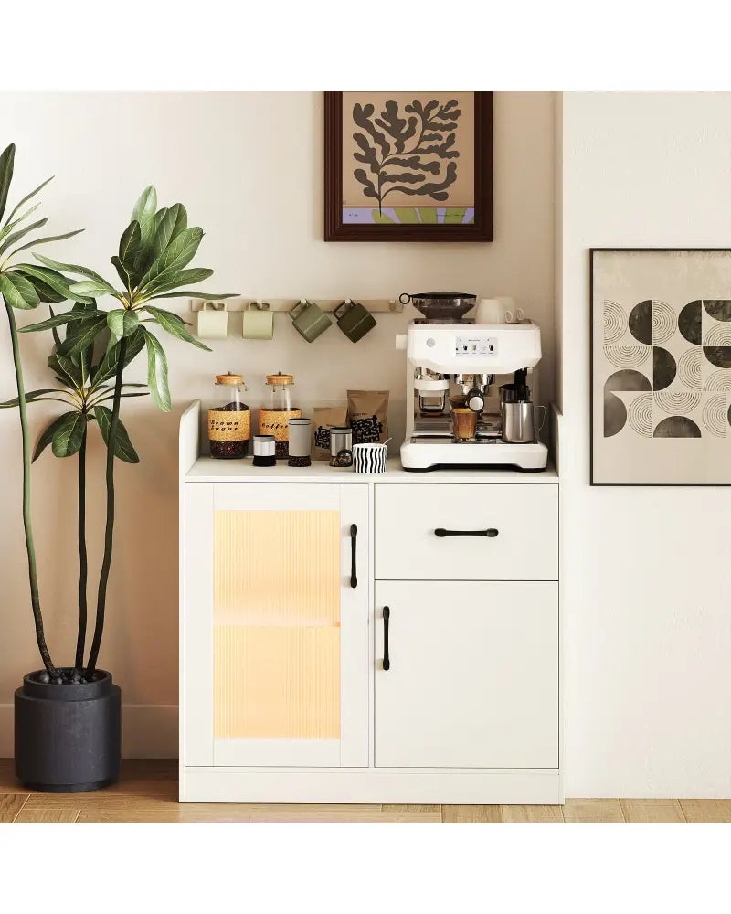 LED Buffet Sideboard with Charging Station with Drawer and Translucent Fluted Door-White - White - Sideboards Cabinets