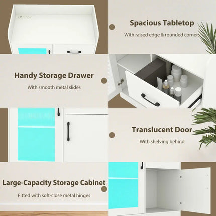 LED Buffet Sideboard with Charging Station with Drawer and Translucent Fluted Door-White - White - Sideboards Cabinets