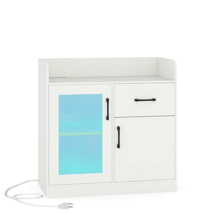 LED Buffet Sideboard with Charging Station with Drawer and Translucent Fluted Door-White - White - Sideboards Cabinets