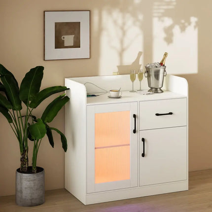 LED Buffet Sideboard with Charging Station with Drawer and Translucent Fluted Door-White - White - Sideboards Cabinets