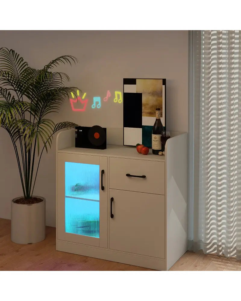 LED Buffet Sideboard with Charging Station with Drawer and Translucent Fluted Door-White - White - Sideboards Cabinets