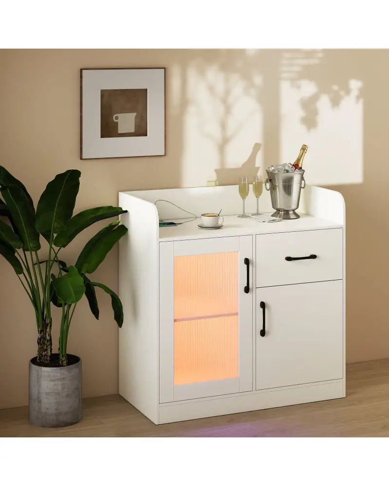 LED Buffet Sideboard with Charging Station with Drawer and Translucent Fluted Door-White - White - Sideboards Cabinets