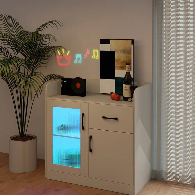 LED Buffet Sideboard with Charging Station with Drawer and Translucent Fluted Door-White - White - Sideboards Cabinets