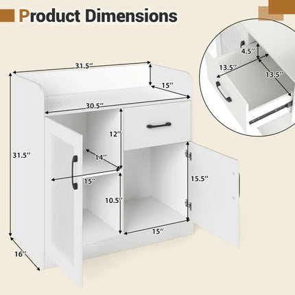 LED Buffet Sideboard with Charging Station with Drawer and Translucent Fluted Door-White - White - Sideboards Cabinets