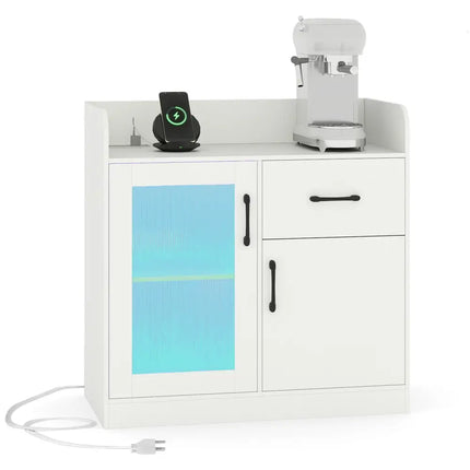 LED Buffet Sideboard with Charging Station with Drawer and Translucent Fluted Door-White - White - Sideboards Cabinets