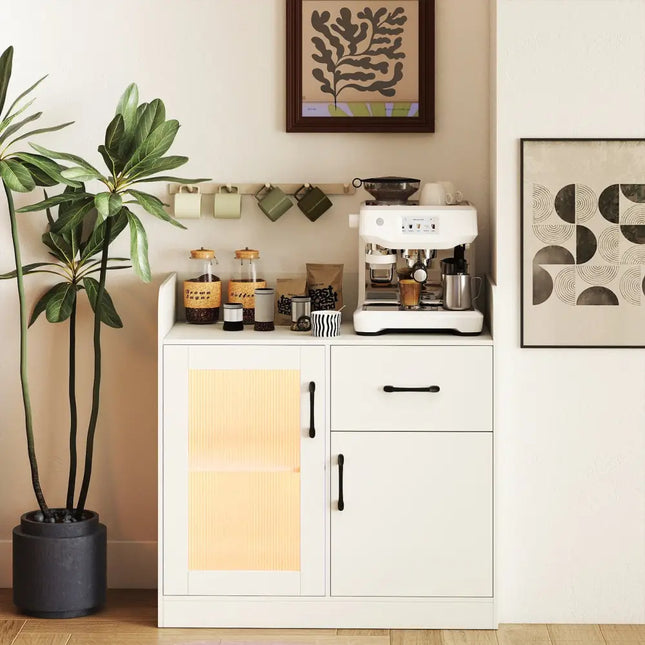 LED Buffet Sideboard with Charging Station with Drawer and Translucent Fluted Door-White - White - Sideboards Cabinets
