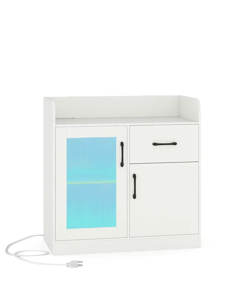 LED Buffet Sideboard with Charging Station with Drawer and Translucent Fluted Door-White - White - Sideboards Cabinets