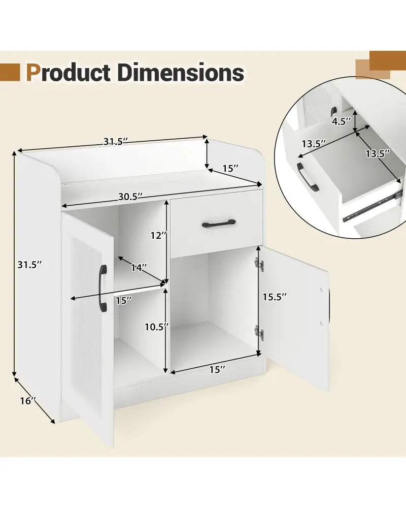 LED Buffet Sideboard with Charging Station with Drawer and Translucent Fluted Door-White - White - Sideboards Cabinets