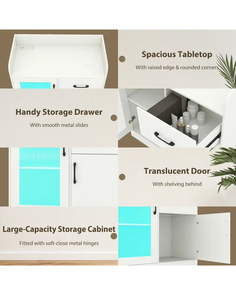 LED Buffet Sideboard with Charging Station with Drawer and Translucent Fluted Door-White - White - Sideboards Cabinets