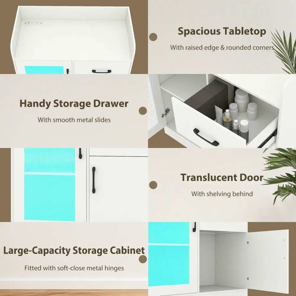 LED Buffet Sideboard with Charging Station with Drawer and Translucent Fluted Door-White - White - Sideboards Cabinets