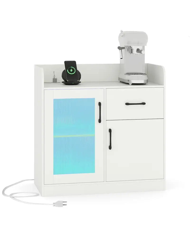 LED Buffet Sideboard with Charging Station with Drawer and Translucent Fluted Door-White - White - Sideboards Cabinets