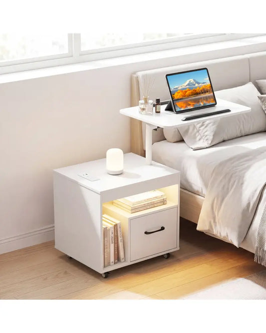 LED Nightstand with Power Outlets Modern Bedside Table with Flip over-White - White - Nightstands
