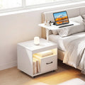 LED Nightstand with Power Outlets Modern Bedside Table with Flip over-White - White - Nightstands
