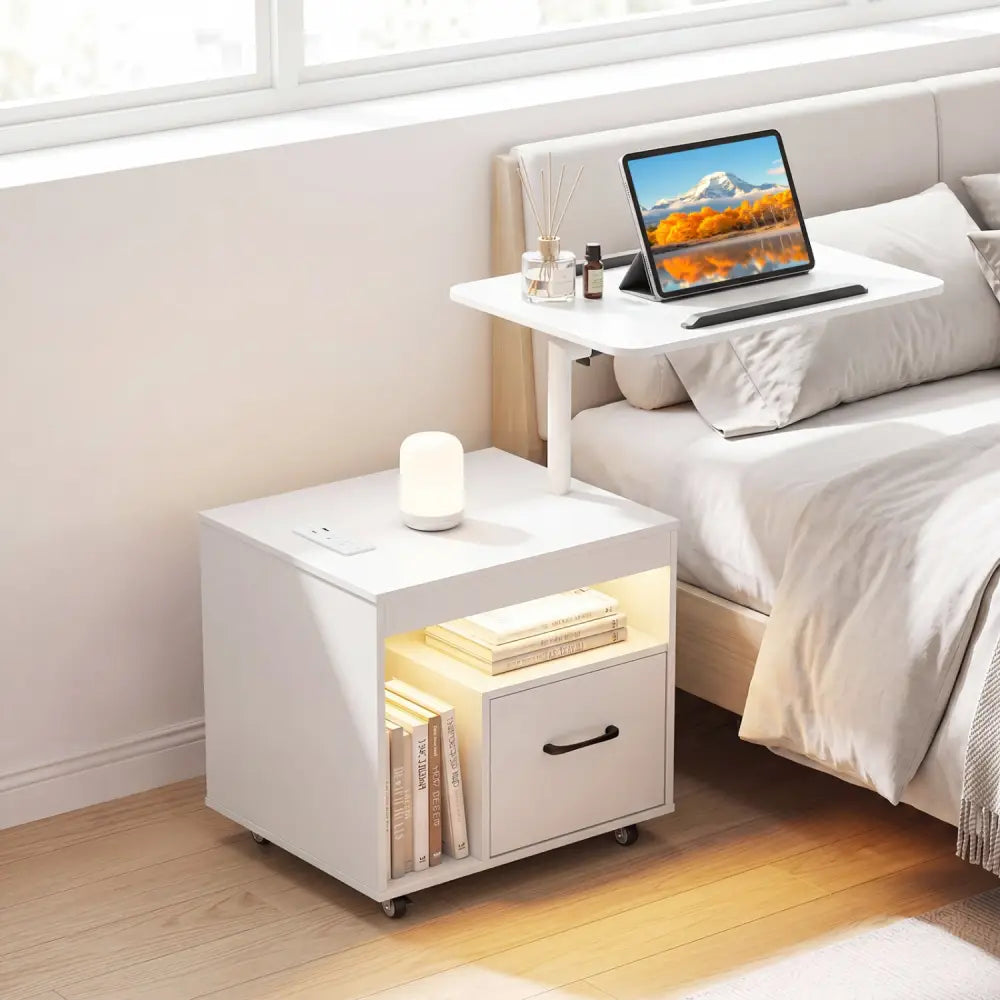 LED Nightstand with Power Outlets Modern Bedside Table with Flip over-White - White - Nightstands