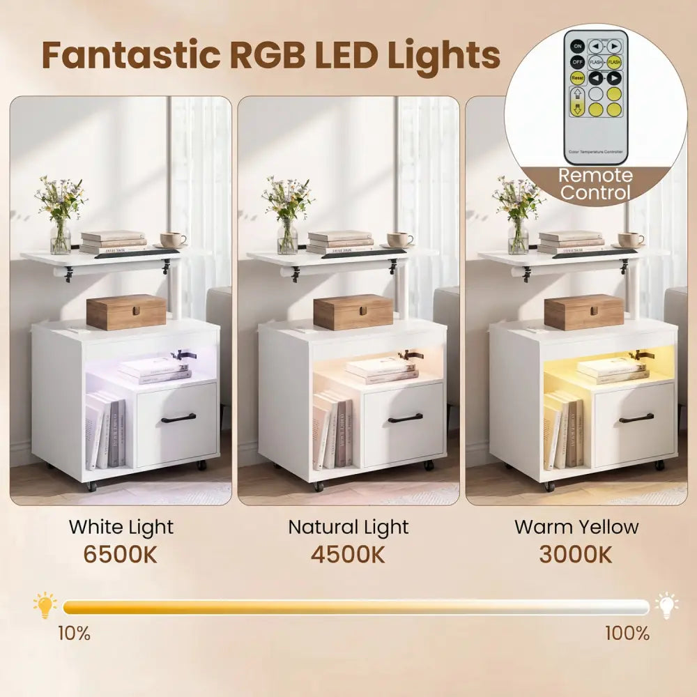 LED Nightstand with Power Outlets Modern Bedside Table with Flip over-White - White - Nightstands