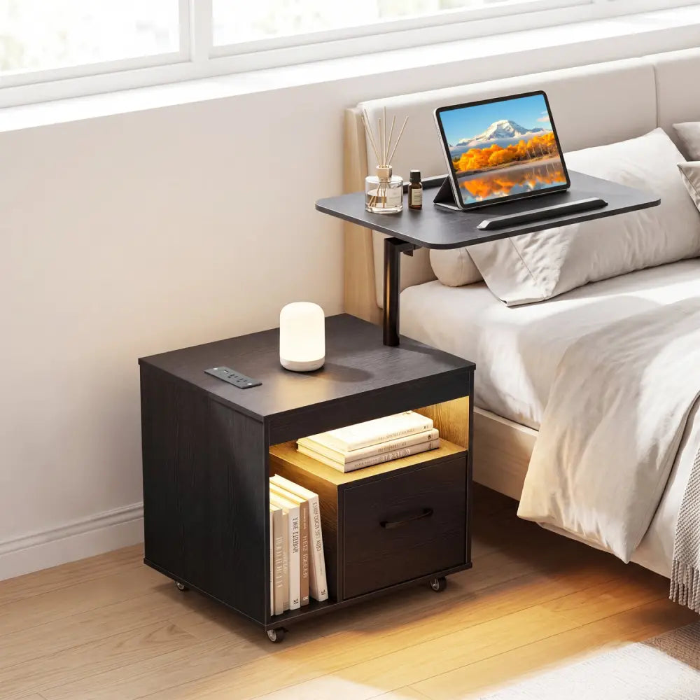 LED Nightstand with Power Outlets Modern Bedside Table with Flip over-Black - Black - Nightstands