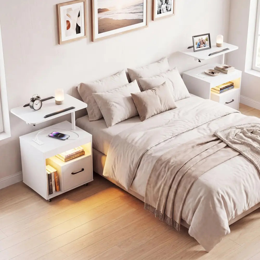 LED Nightstand with Power Outlets Modern Bedside Table with Flip over-White - White - Nightstands