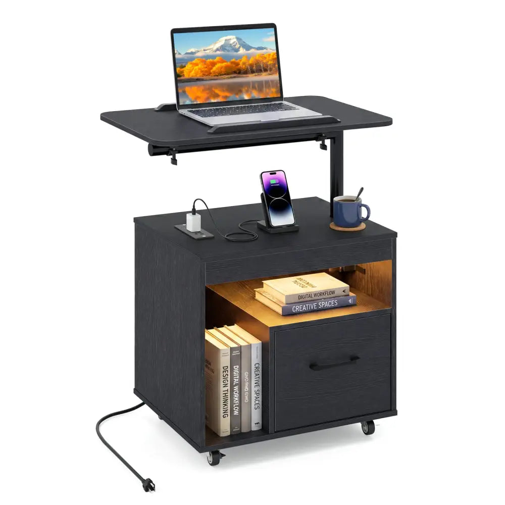LED Nightstand with Power Outlets Modern Bedside Table with Flip over-Black - Black - Nightstands
