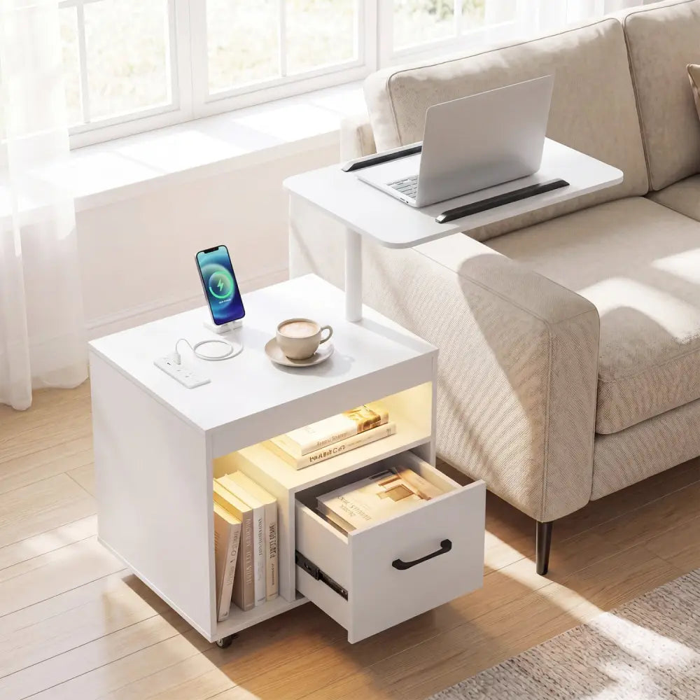 LED Nightstand with Power Outlets Modern Bedside Table with Flip over-White - White - Nightstands