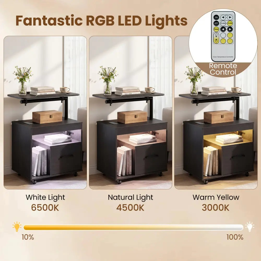 LED Nightstand with Power Outlets Modern Bedside Table with Flip over-Black - Black - Nightstands
