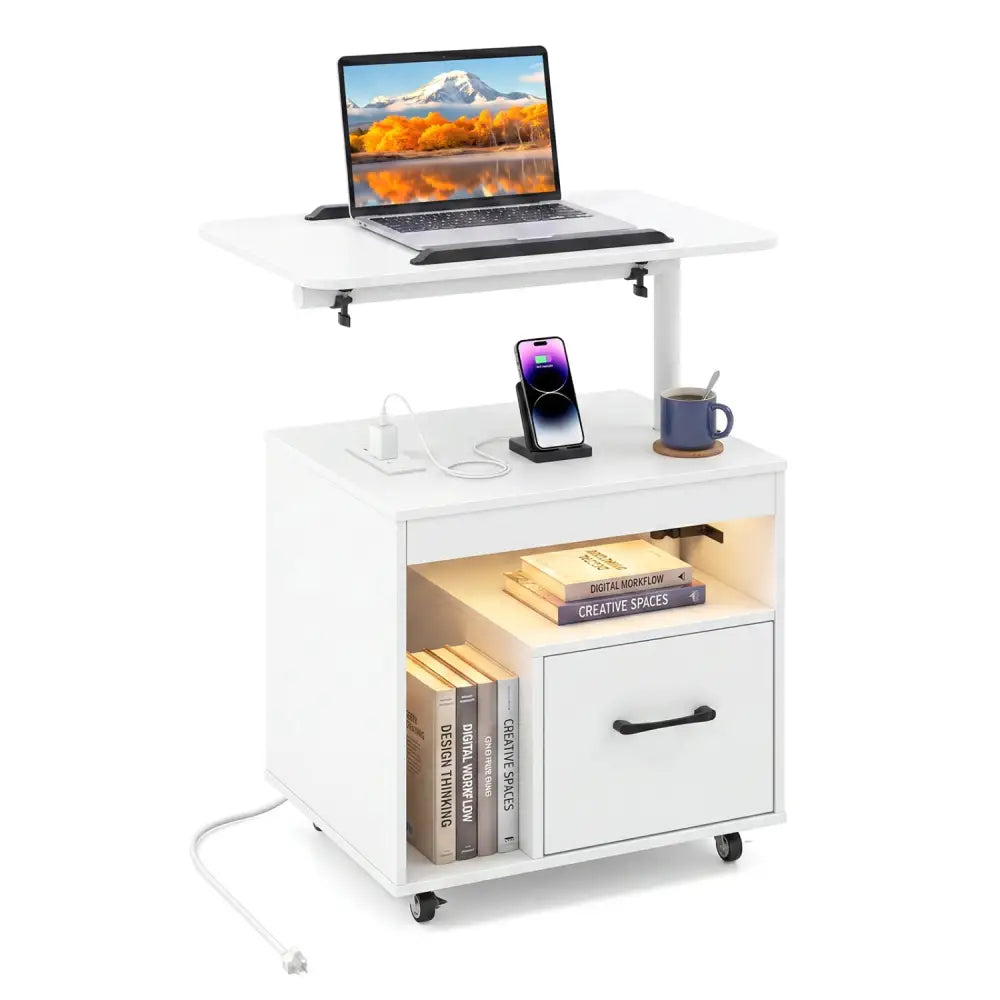 LED Nightstand with Power Outlets Modern Bedside Table with Flip over-White - White - Nightstands