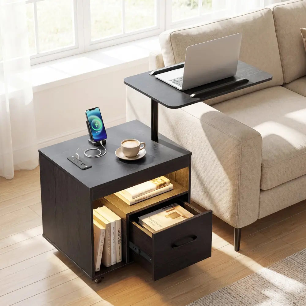 LED Nightstand with Power Outlets Modern Bedside Table with Flip over-Black - Black - Nightstands