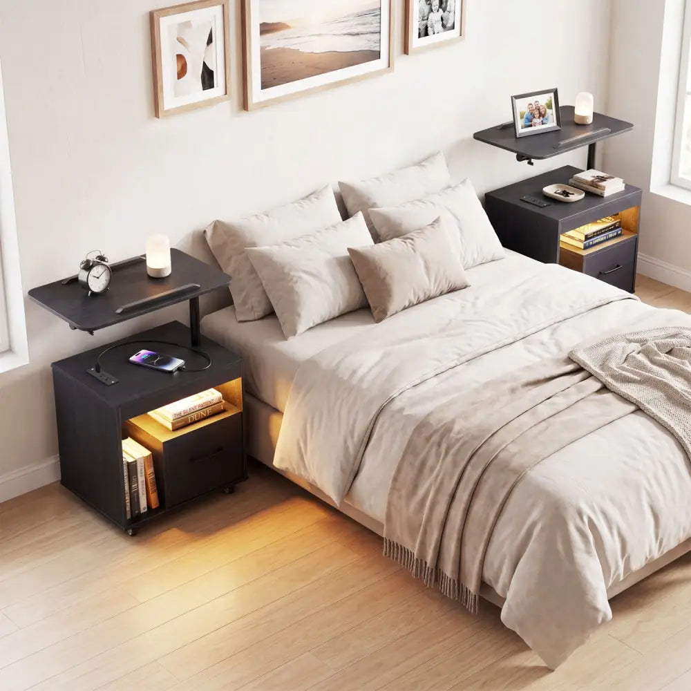 LED Nightstand with Power Outlets Modern Bedside Table with Flip over-Black - Black - Nightstands