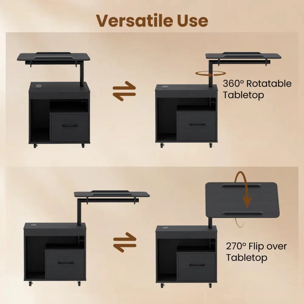 LED Nightstand with Power Outlets Modern Bedside Table with Flip over-Black - Black - Nightstands