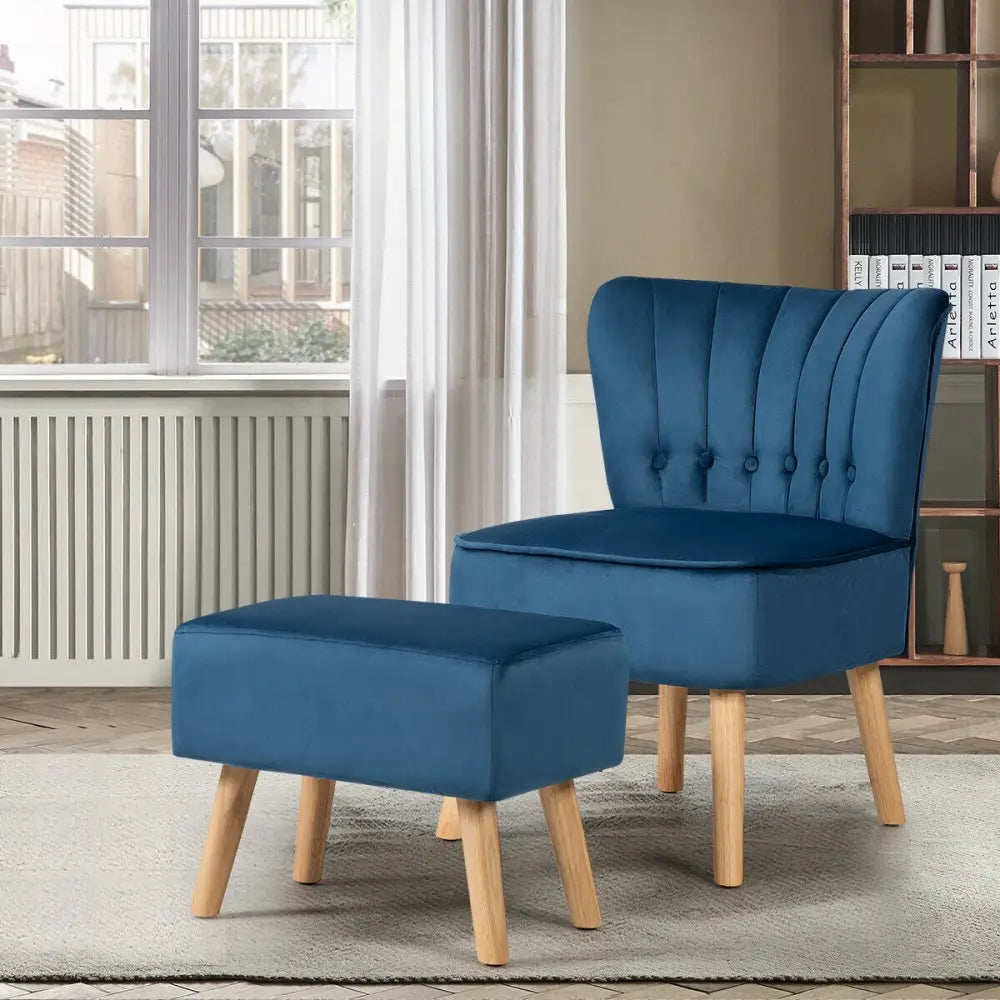 Leisure Chair and Ottoman Thick Padded Tufted Sofa Set-Blue - Blue - Accent Chairs