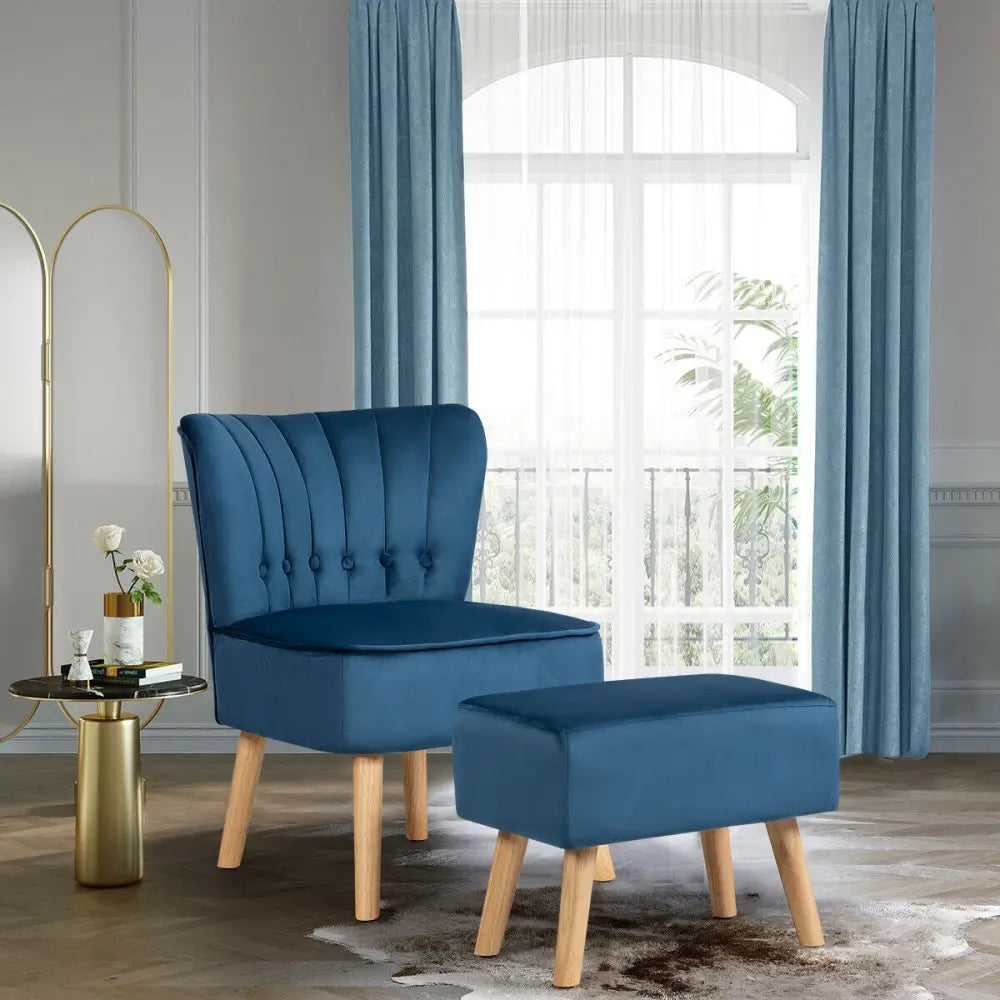 Leisure Chair and Ottoman Thick Padded Tufted Sofa Set-Blue - Blue - Accent Chairs