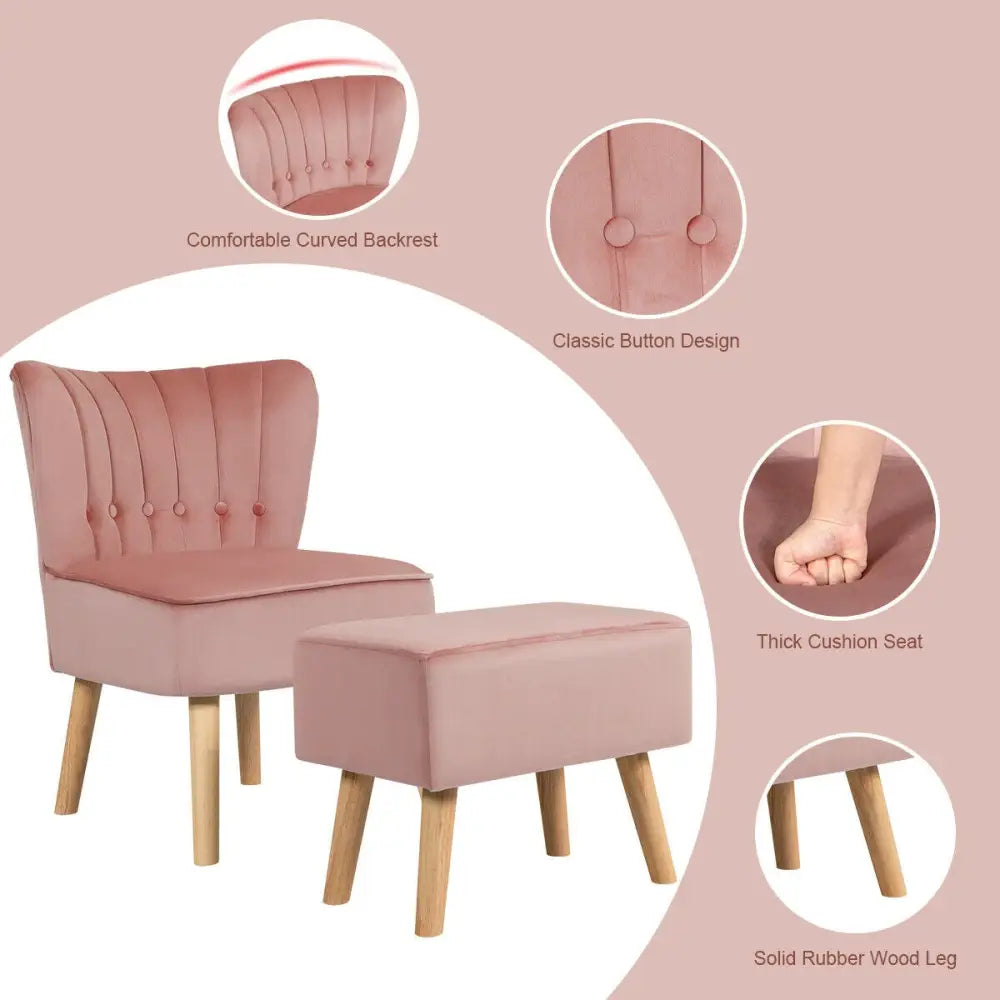 Leisure Chair and Ottoman Thick Padded Tufted Sofa Set-Pink - Pink - Accent Chairs