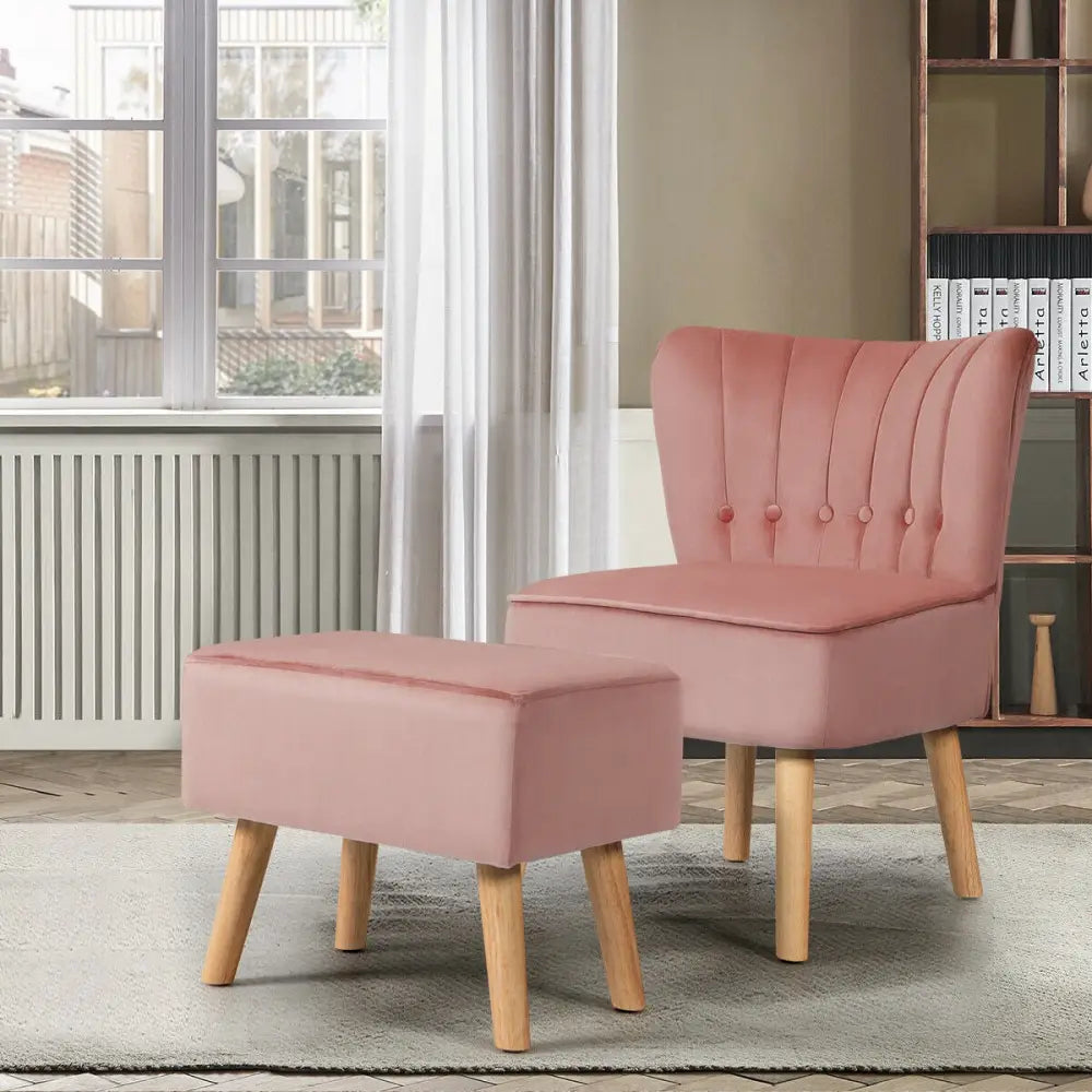 Leisure Chair and Ottoman Thick Padded Tufted Sofa Set-Pink - Pink - Accent Chairs