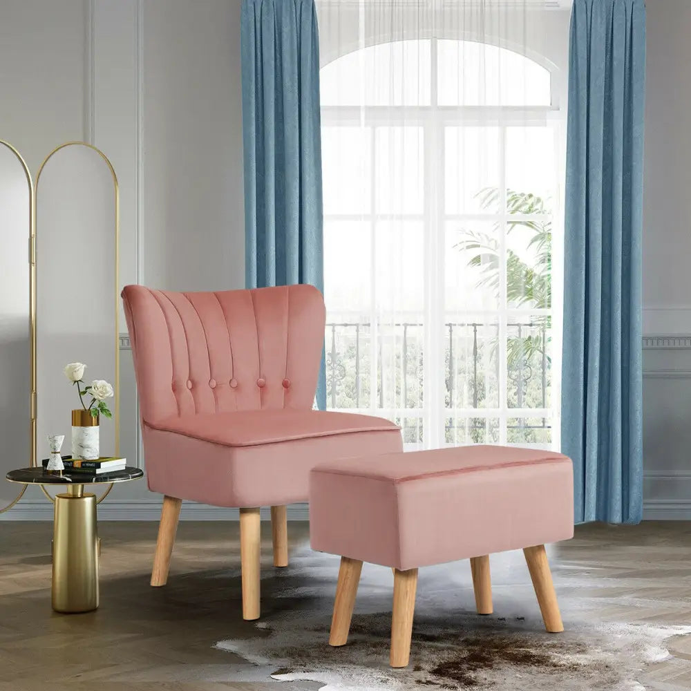 Leisure Chair and Ottoman Thick Padded Tufted Sofa Set-Pink - Pink - Accent Chairs