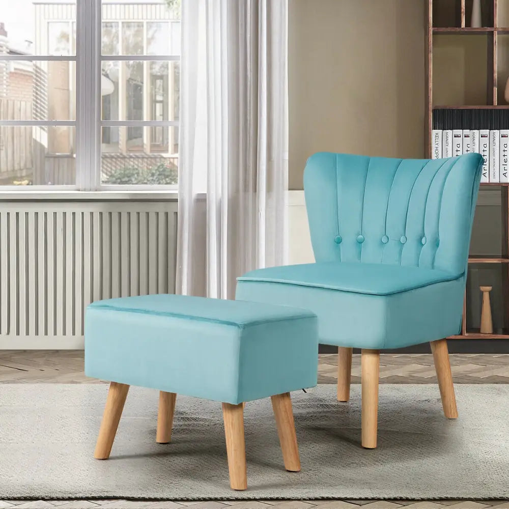 Leisure Chair and Ottoman Thick Padded Tufted Sofa Set-Turquoise - Turquoise - Accent Chairs