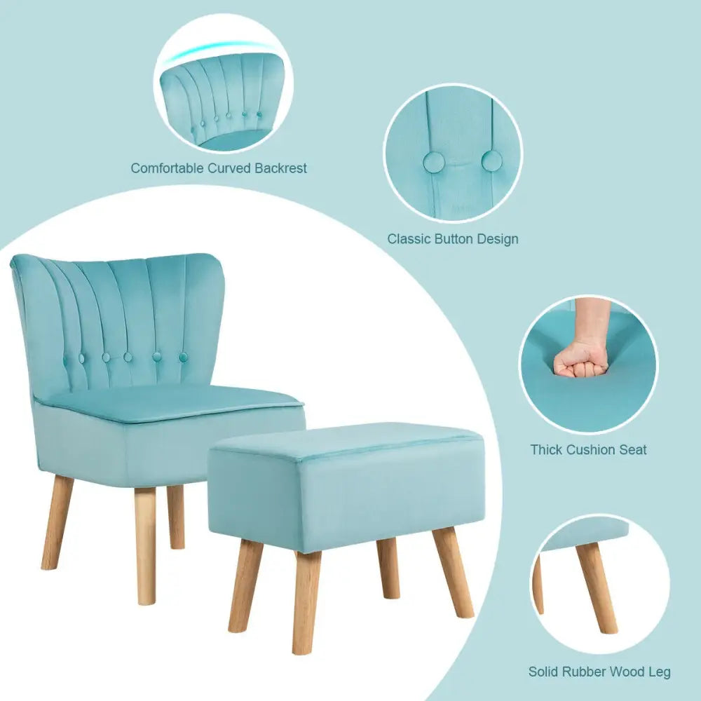 Leisure Chair and Ottoman Thick Padded Tufted Sofa Set-Turquoise - Turquoise - Accent Chairs