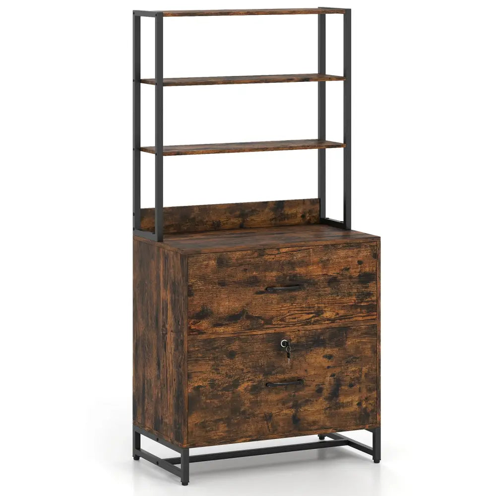 Letter Size Lateral File Cabinet with Lock and Bookshelf-Rustic Brown - Rustic Brown - File Cabinets