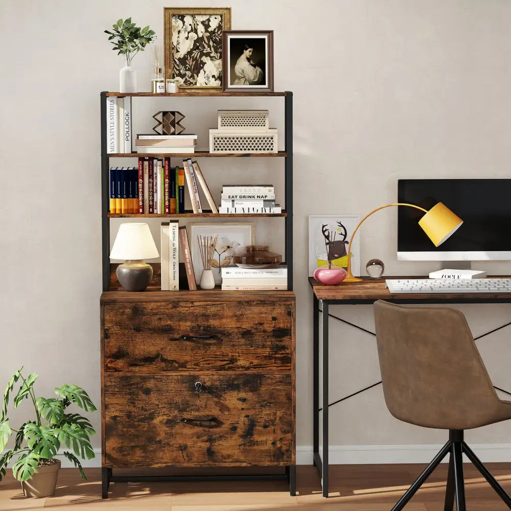 Letter Size Lateral File Cabinet with Lock and Bookshelf-Rustic Brown - Rustic Brown - File Cabinets
