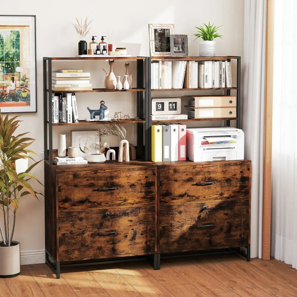 Letter Size Lateral File Cabinet with Lock and Bookshelf-Rustic Brown - Rustic Brown - File Cabinets