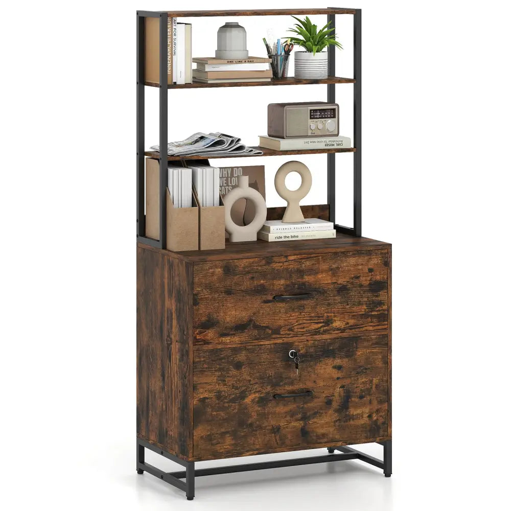 Letter Size Lateral File Cabinet with Lock and Bookshelf-Rustic Brown - Rustic Brown - File Cabinets