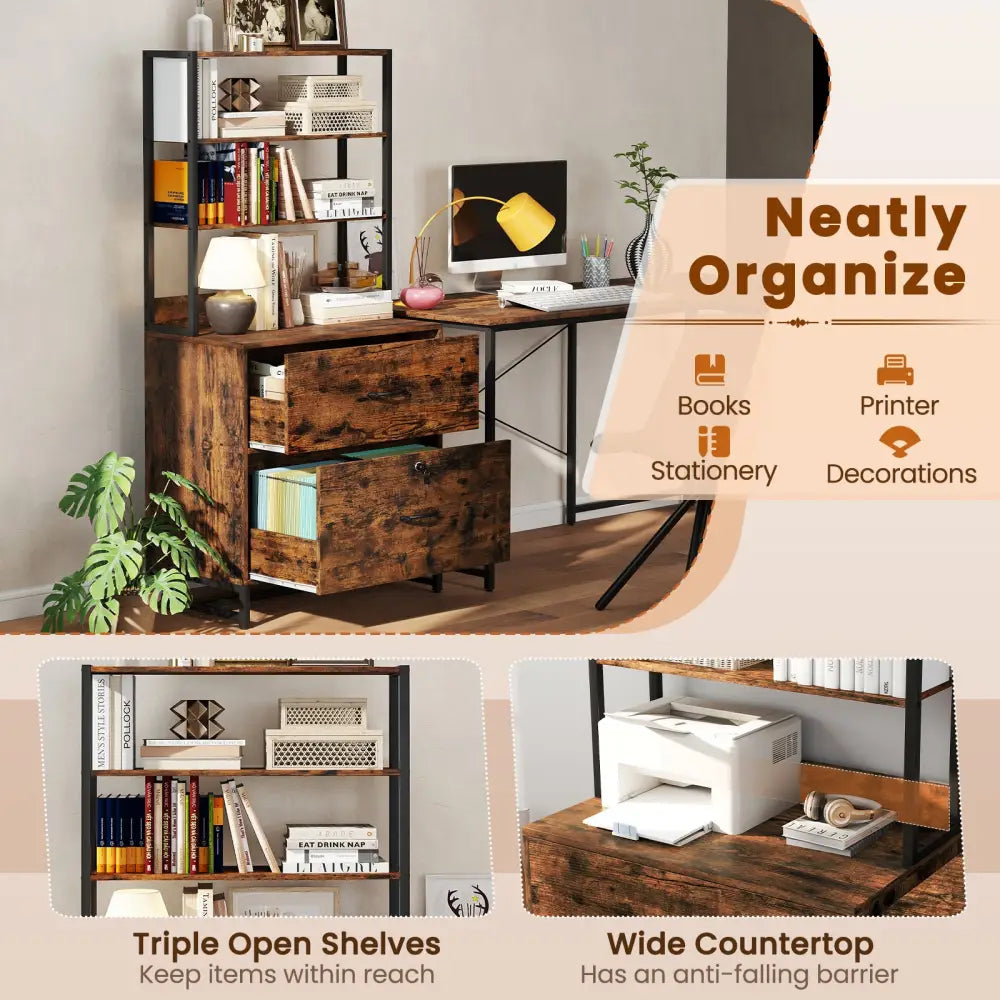 Letter Size Lateral File Cabinet with Lock and Bookshelf-Rustic Brown - Rustic Brown - File Cabinets