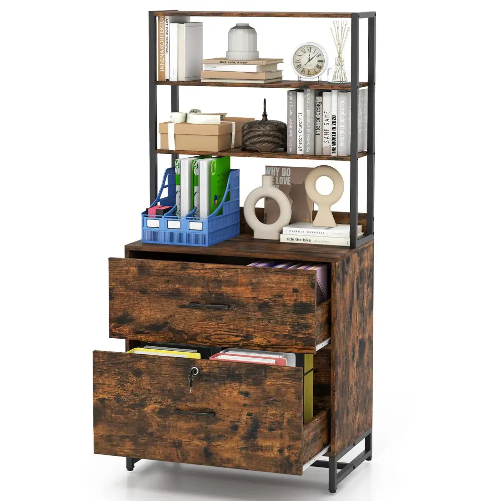 Letter Size Lateral File Cabinet with Lock and Bookshelf-Rustic Brown - Rustic Brown - File Cabinets