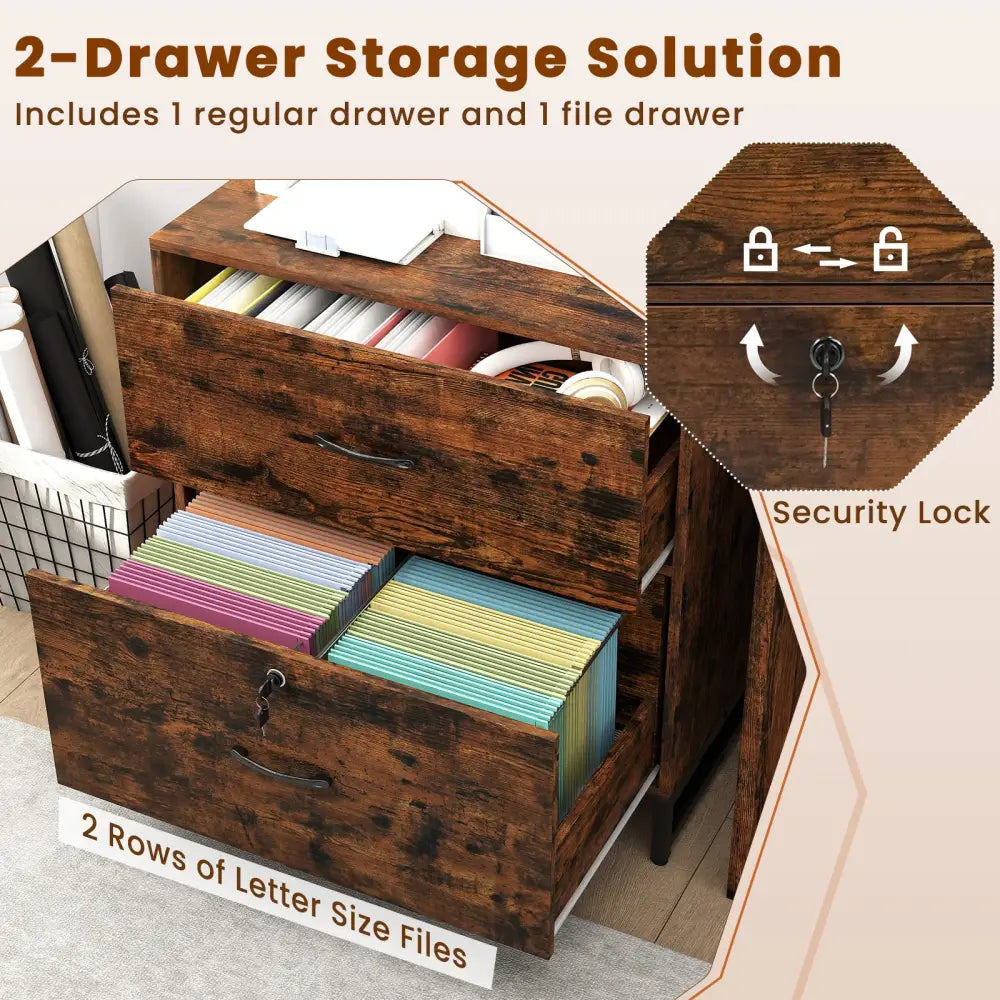 Letter Size Lateral File Cabinet with Lock and Bookshelf-Rustic Brown - Rustic Brown - File Cabinets