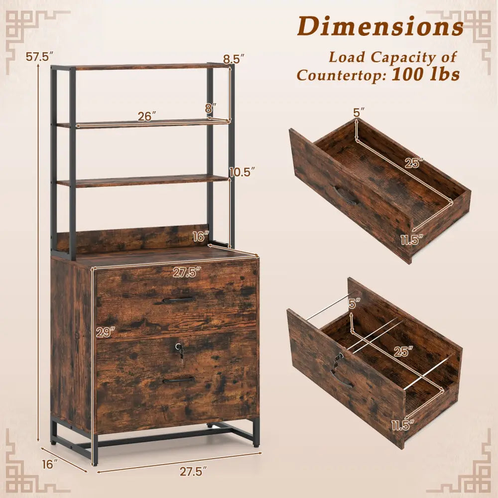 Letter Size Lateral File Cabinet with Lock and Bookshelf-Rustic Brown - Rustic Brown - File Cabinets