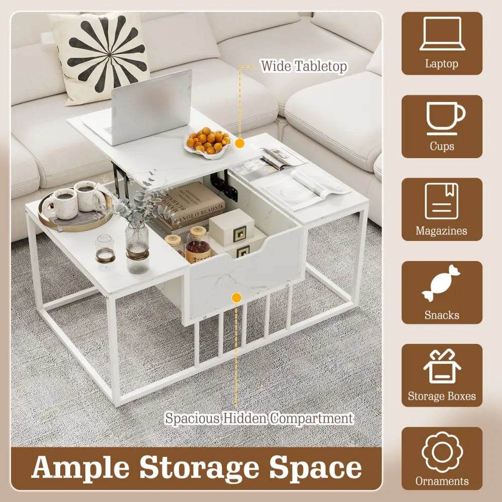Lift Top Coffee Table Modern Center Table with Hidden Storage Compartment-White - White - Coffee Tables