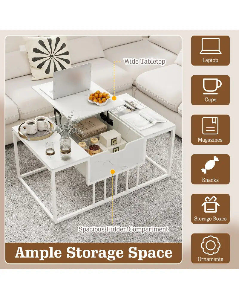 Lift Top Coffee Table Modern Center Table with Hidden Storage Compartment-White - White - Coffee Tables