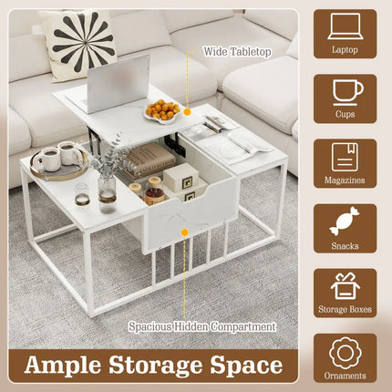 Lift Top Coffee Table Modern Center Table with Hidden Storage Compartment-White - White - Coffee Tables