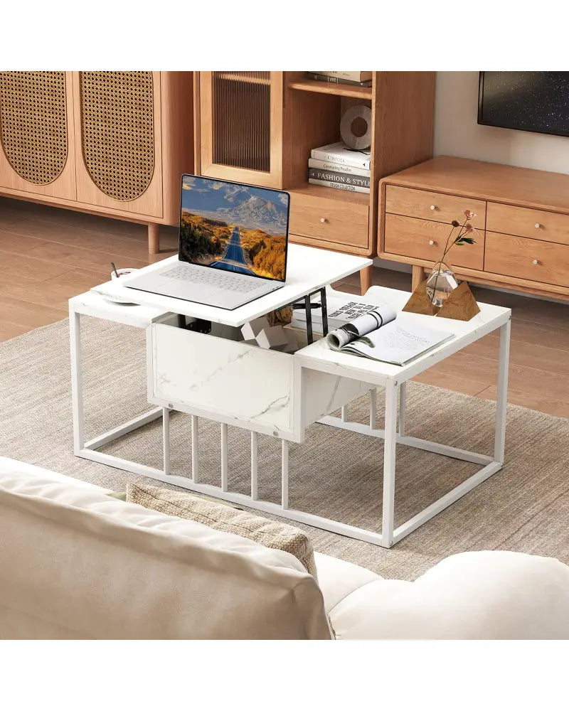 Lift Top Coffee Table Modern Center Table with Hidden Storage Compartment-White - White - Coffee Tables