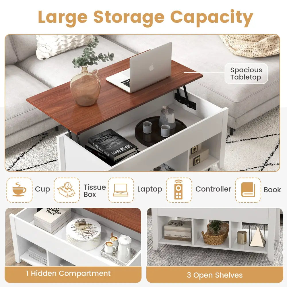 Lift Top Coffee Table w/ Hidden Compartment and Storage Shelves-White - White - Coffee Tables