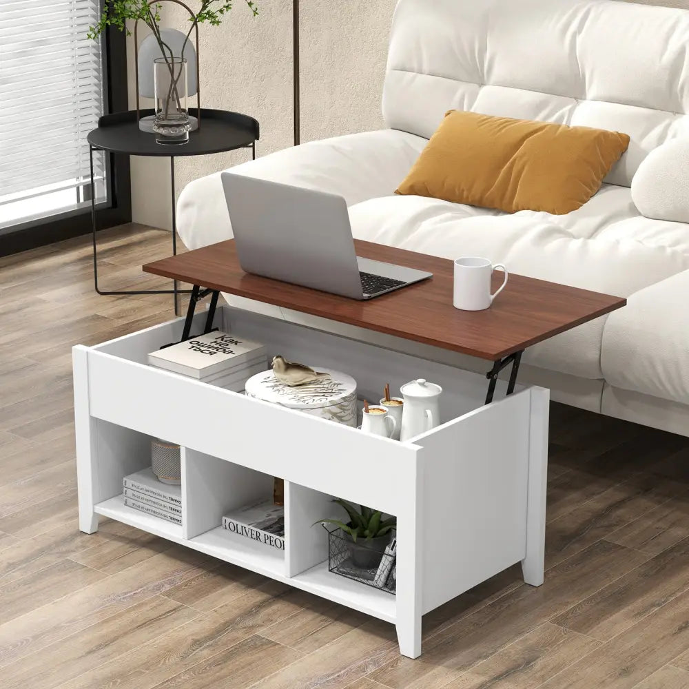 Lift Top Coffee Table w/ Hidden Compartment and Storage Shelves-White - White - Coffee Tables