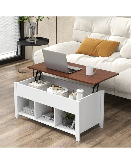 Lift Top Coffee Table w/ Hidden Compartment and Storage Shelves-White - White - Coffee Tables